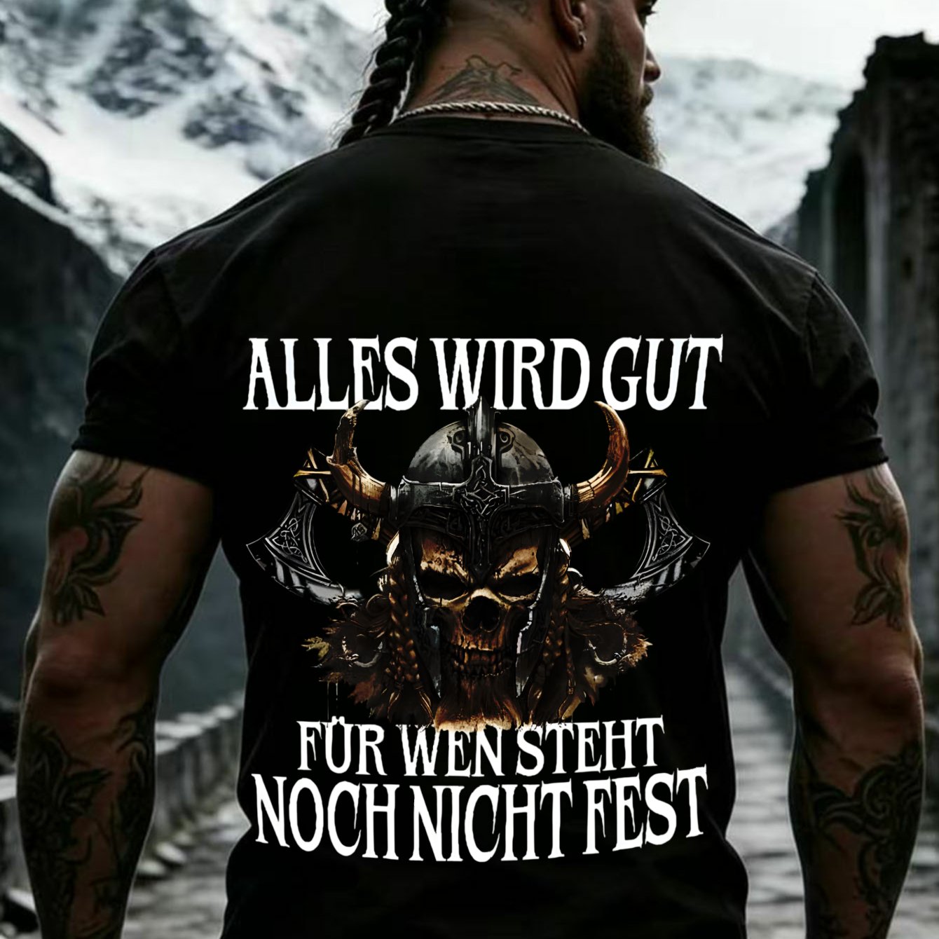 Image of Viking Style T Shirt Black Skull Warrior With Horned Helmet And German Text For And Casual Wear, Plus Size