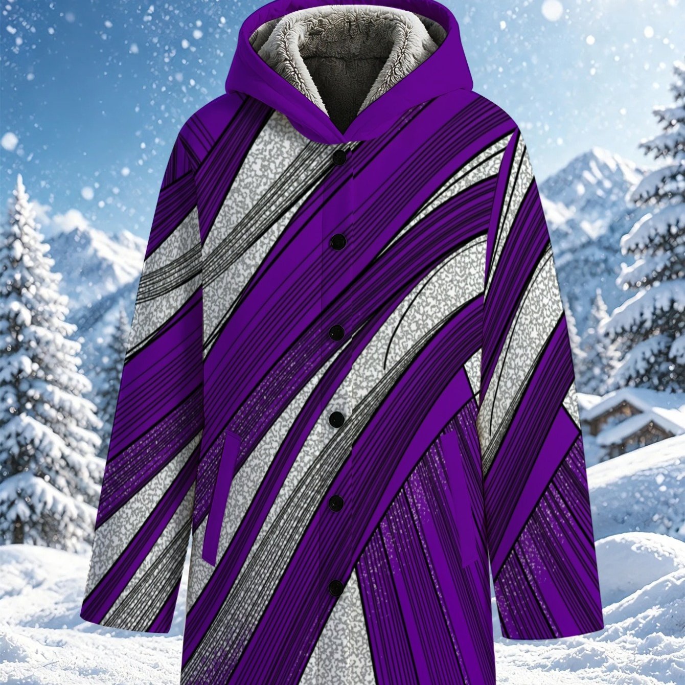 TEMU Lianyaoshi[printed Designnot Textured]women's Fleece-lined For Autumn Winter Vibrant Purple Silver Striped Design, Lightweight Warm Outerwear