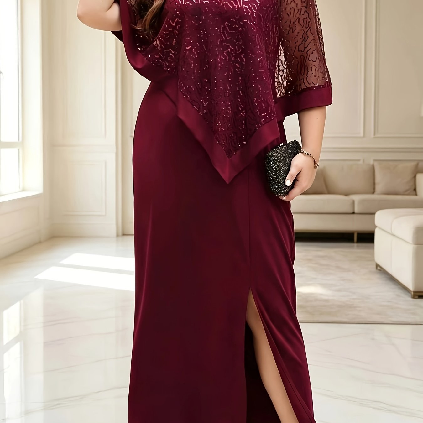 Image of Plus Size, Women's Plus Size Tummy-control Evening Gown With Heavy Embellishment, Sequined Mesh , Flowy Drape, And Slit