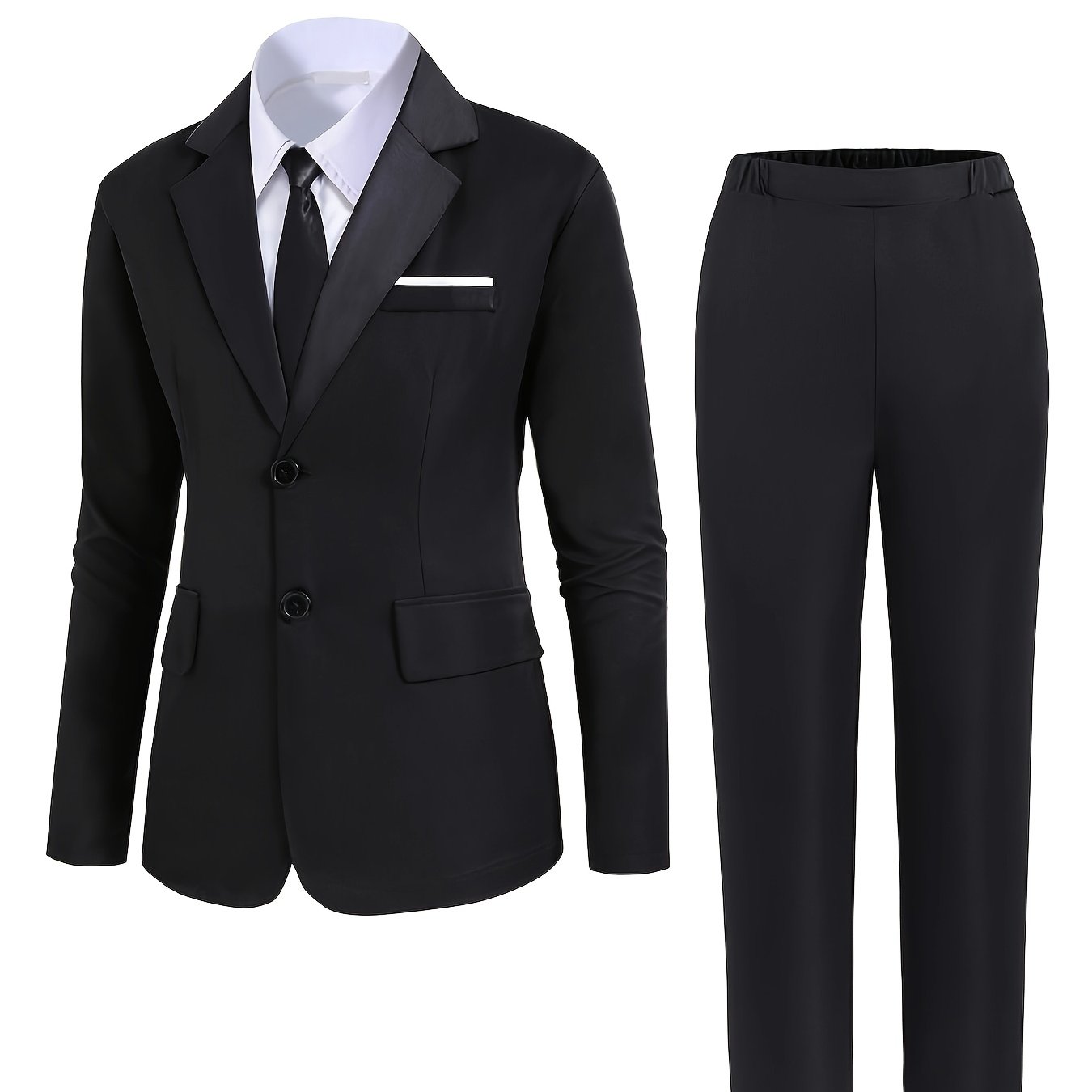 TEMU Conjunto de traje de caballero juvenil de dos piezas, blazer negro y pantalones largos texturizados, formal, elegante, romántico y lujoso,