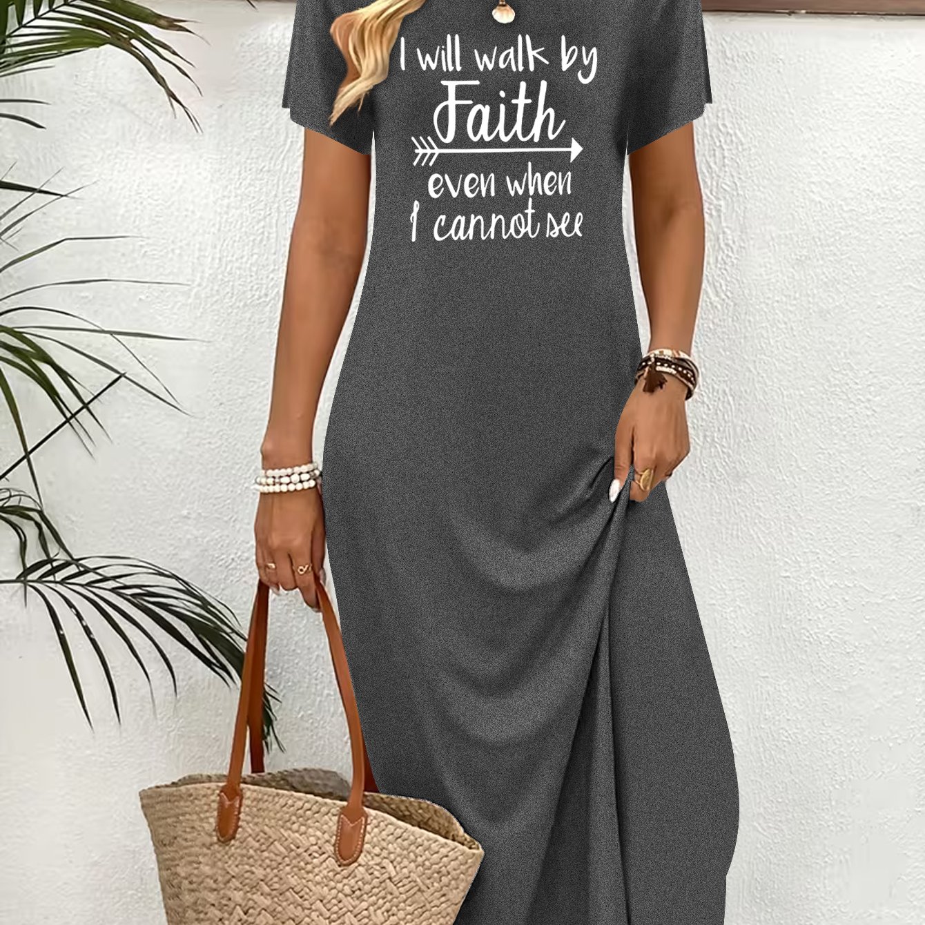 TEMU Summer Women's Fashion Dress, Letter Print Round Neck Short Sleeve Casual Dress, Seaside Vacation Dress, Elegant And Style Long Dress, Suitable