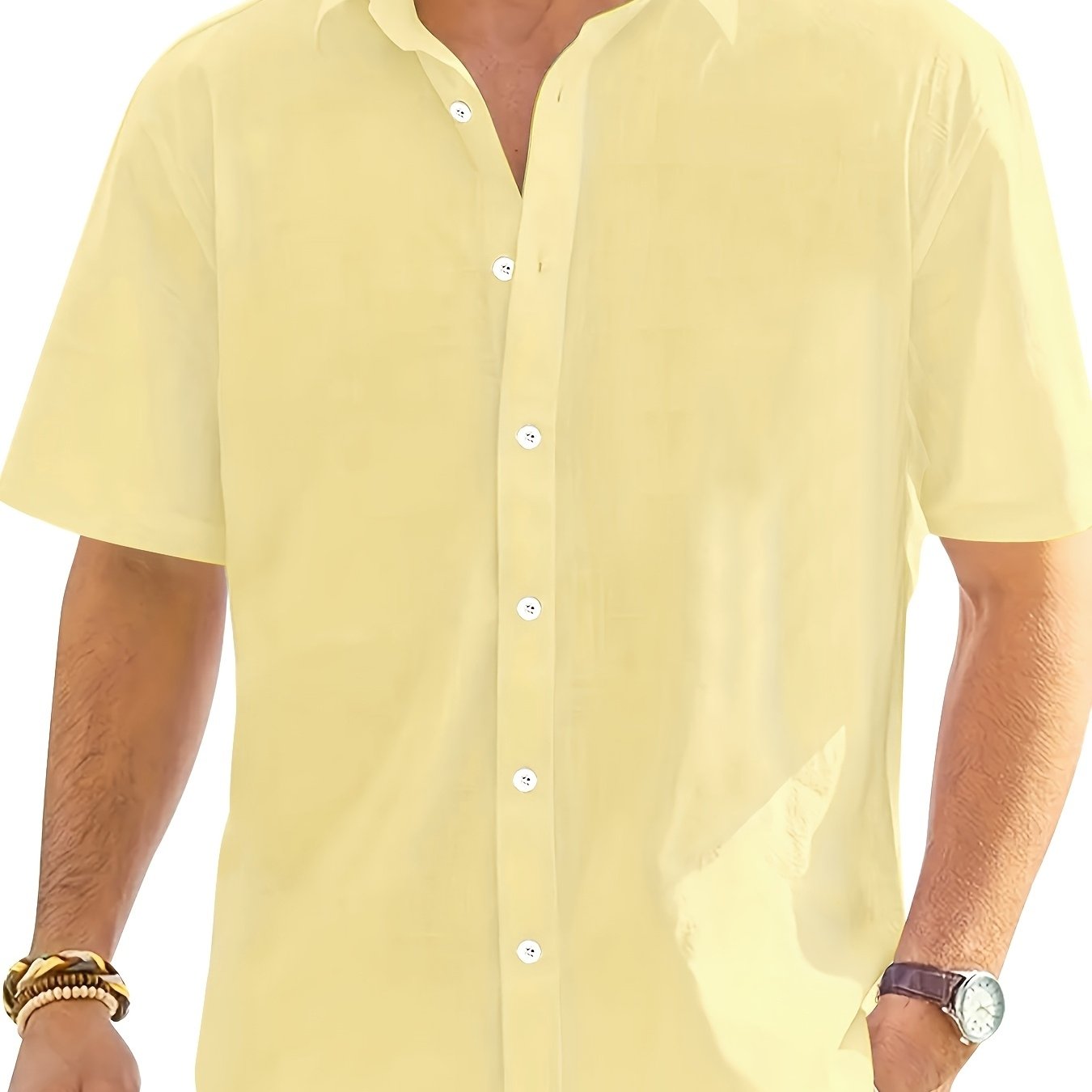 TEMU [printed Design Not Textured] Men's Pale Yellow Short-sleeve Shirt - Relaxed Fit With Classic Collar, Suitable For Formal And Casual Occasions -