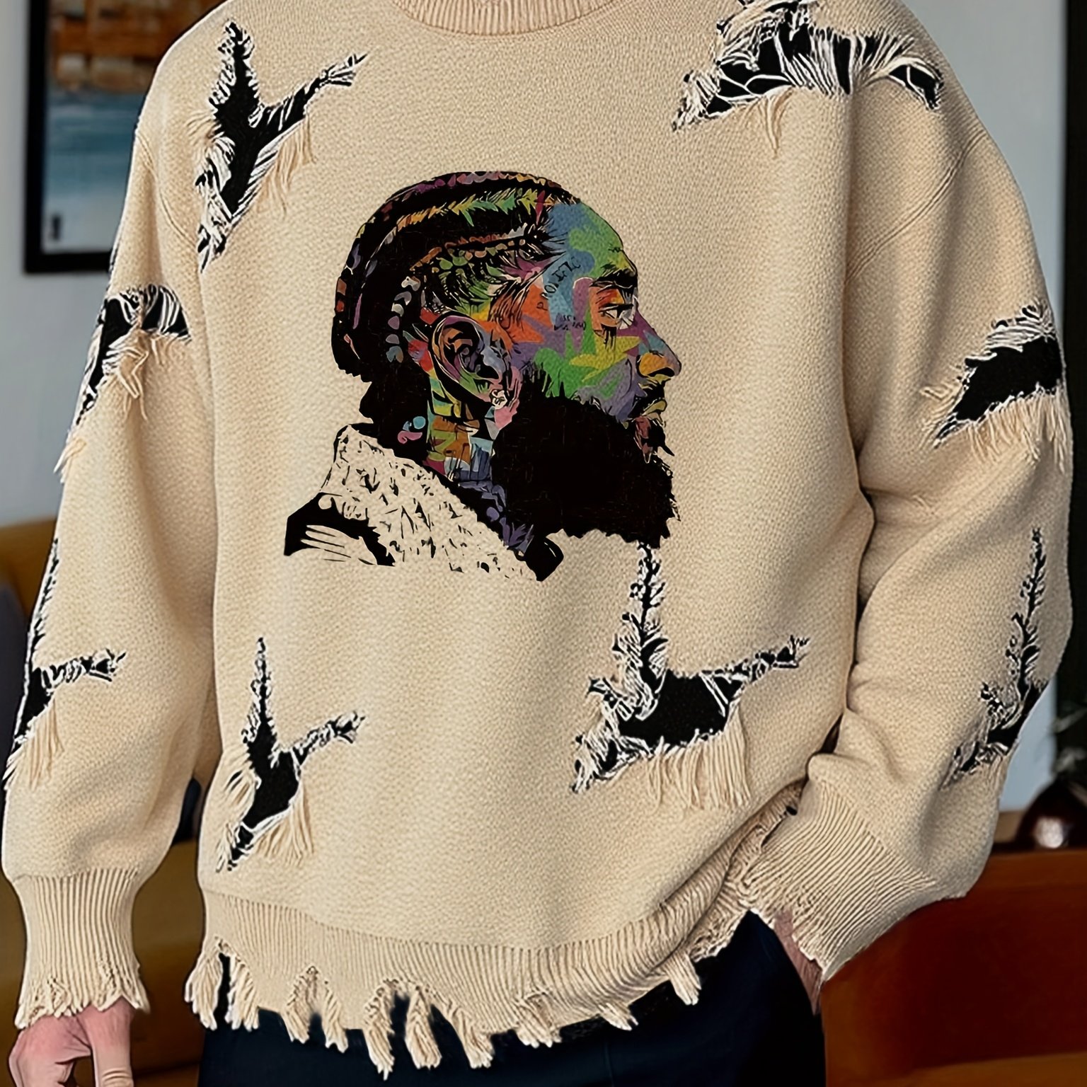 Image of Men's Casual Crew Neck Knit Sweater With Artistic Graffiti Portrait | Loose Fit, Ripped Details, Long Sleeve, Comfortable Texture For Fall/winter