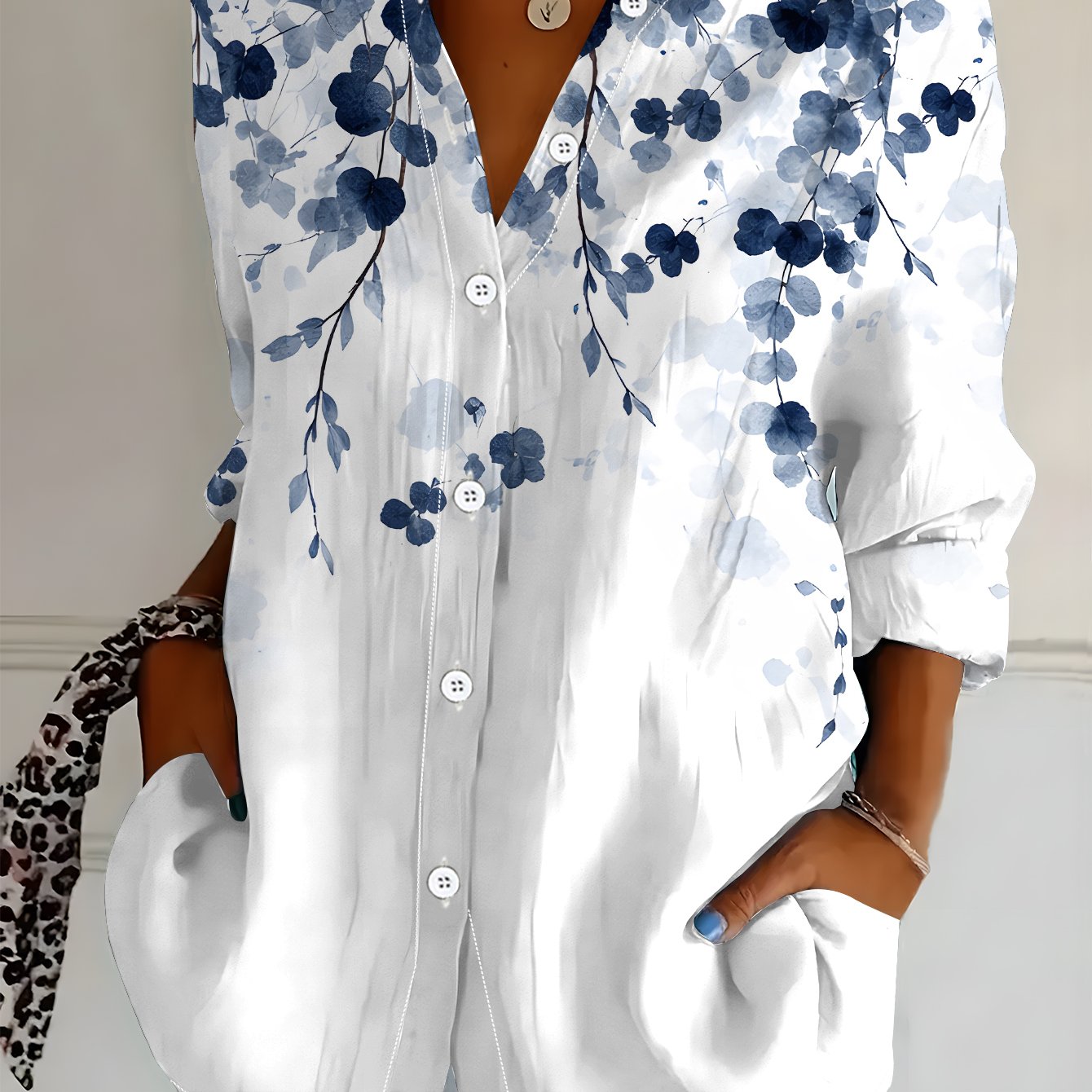 TEMU Plus Size Women's Long Sleeve Shirt, Blue Floral Vine Style Loose Printed Shirt, Mid-length Women's Long Sleeve Collared Shirt, Soft Comfortable