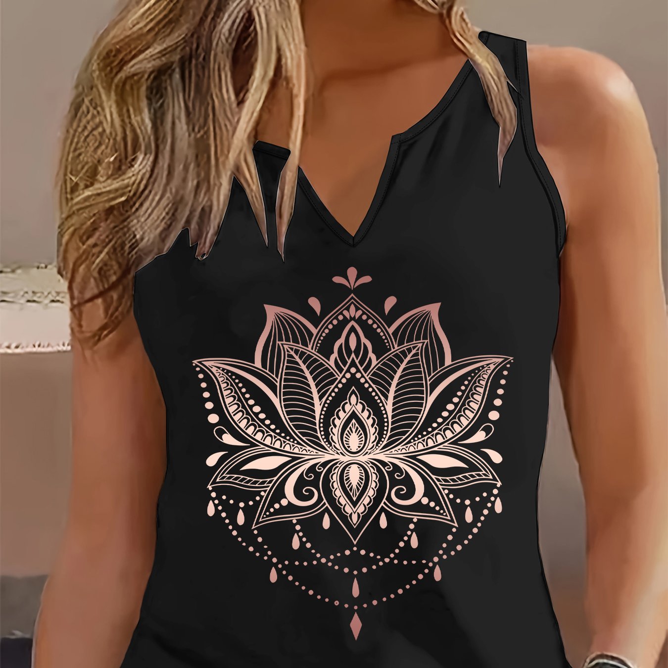 TEMU (052#) Women's Fashion Fresh Camisole, V-neck Sleeveless Lotus Print Tank Top Loose Breathable Casual Versatile Top