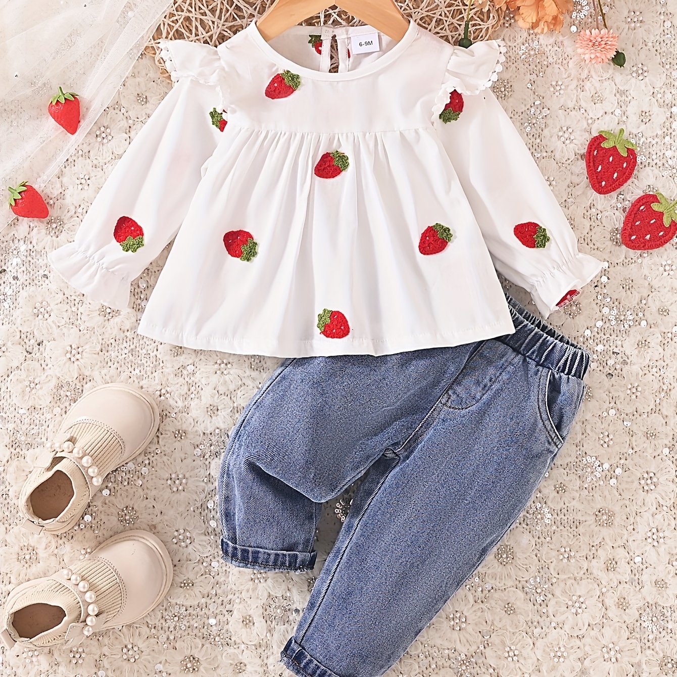Image of 2pcs Girls' Christmas Valentine's /autumn Denim Set With 3d Fruit Embroidery Pattern, Stylish, Comfortable, And Versatile, Perfect For Outdoor