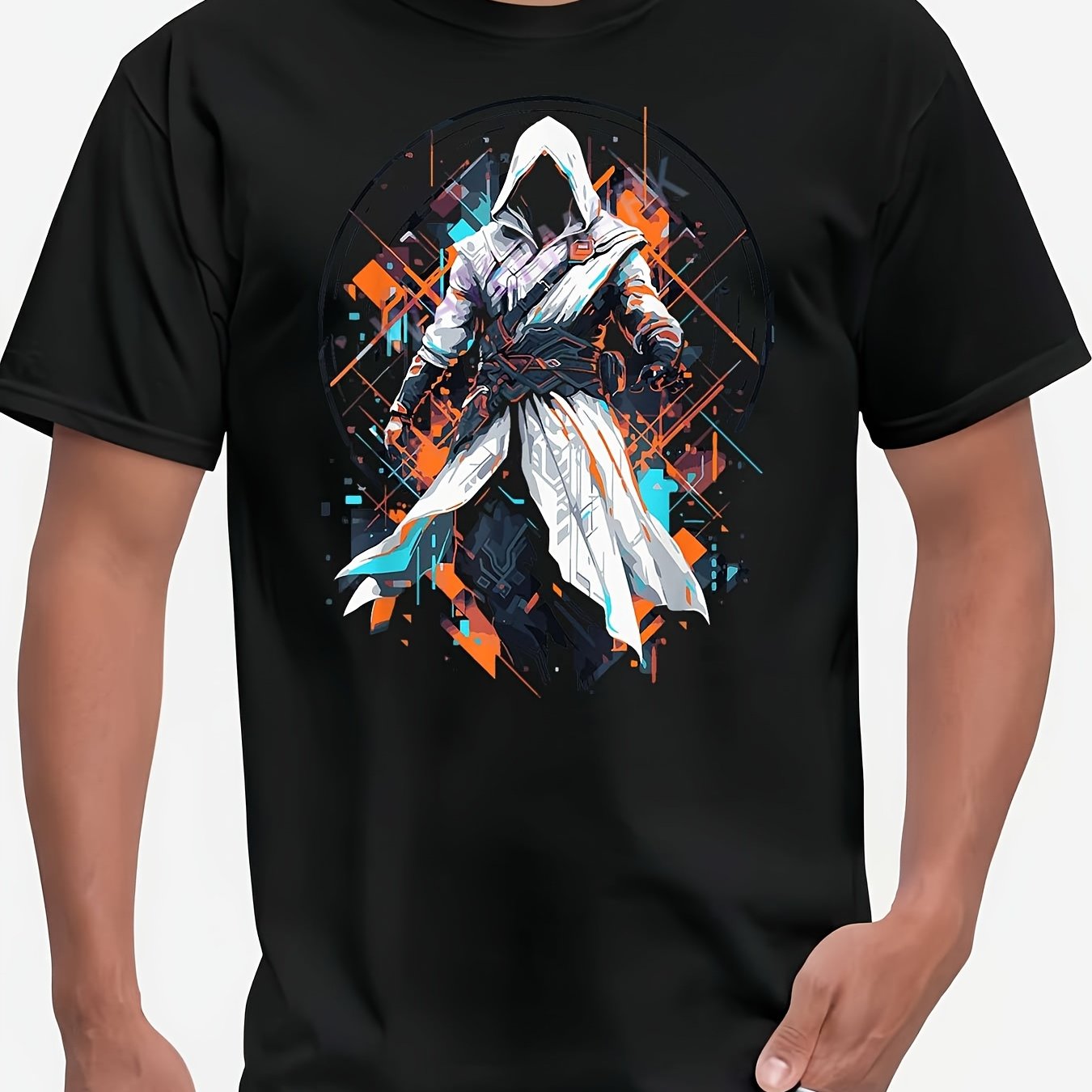 Image of Men's Cyber Assassin Graphic Gaming T-shirt In Style, Featuring A Futuristic Design. This Hooded Tee Is Machine Washable, A Regular Fit, And From Non-stretch Fabric