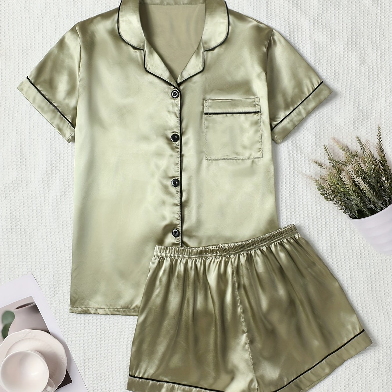 TEMU Spring/summer Women' Satin-face Collared Pajama Set With 1 Short Sleeve Top + 1 Belted Shorts