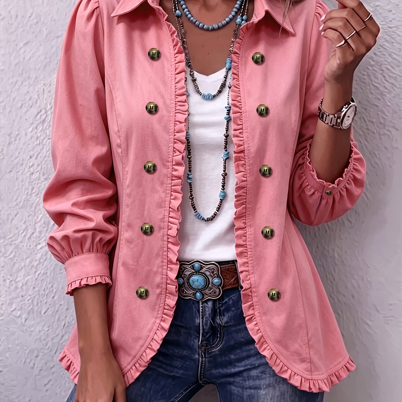 TEMU Grand Vêtement - Manteau Femme Grande Taille Style Western à Revers, Veste Rétro Décontractée Tendance pour et Toutes Occasions