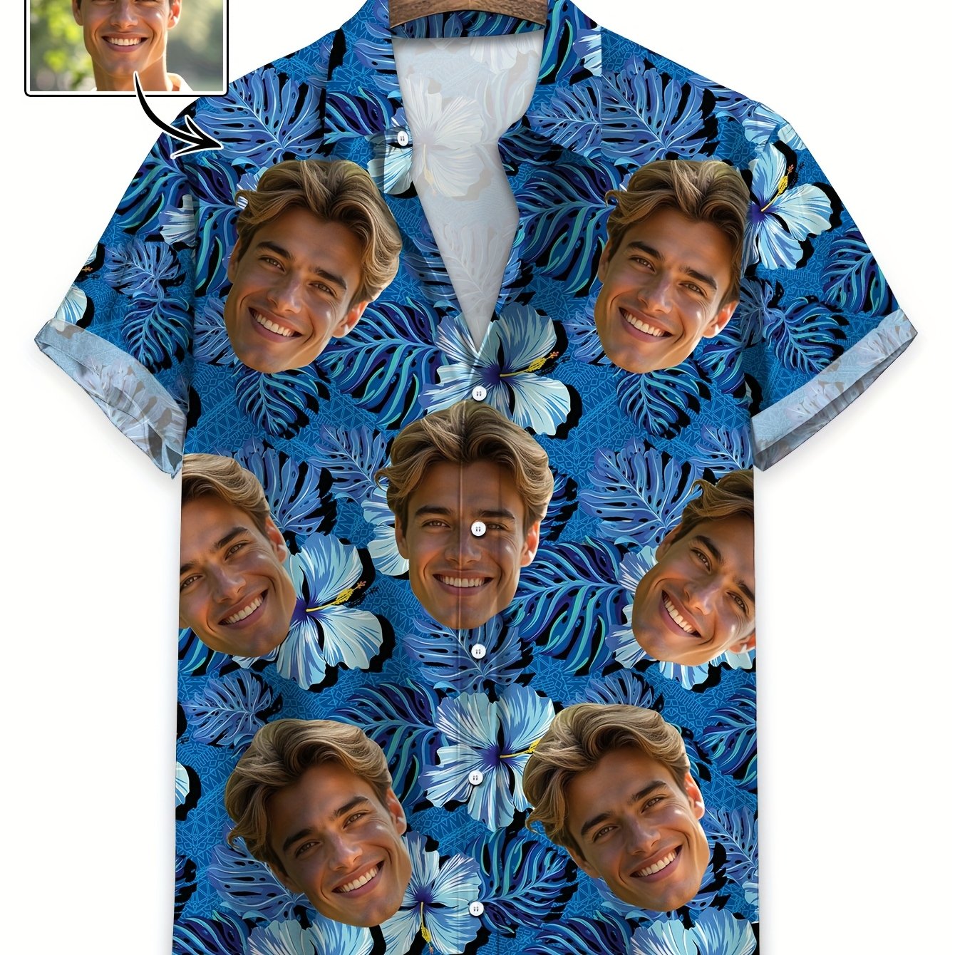 TEMU Día de la , Camisa Hawaiana Personalizada con Foto para Hombre - Botones y Estampado Floral Azul de Personalizado, Camisa de Vacaciones en de