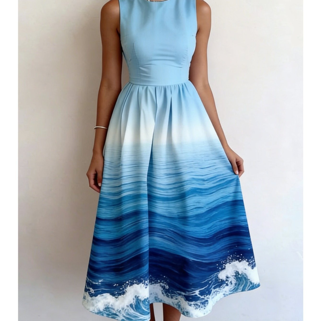 Image of Casual Retro Elegant Stripes Floral Elements Casual Resort Style All Over Art Print Round Neck Waist Tank Sleeveless Spring/summer Essential Dresses