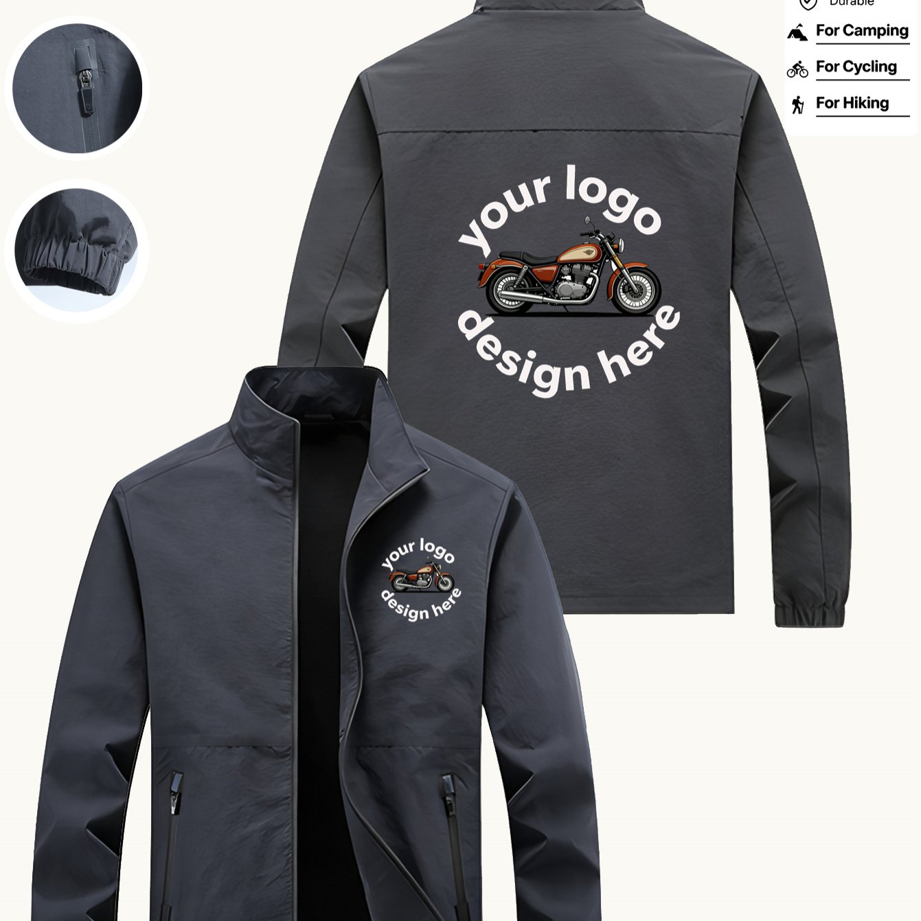 TEMU Personalized Custom Logo Biker Jacket For Men, Customizable Printed Stand Collar Windproof Coat, Durable Motorcycle Outerwear For Brand , Rider
