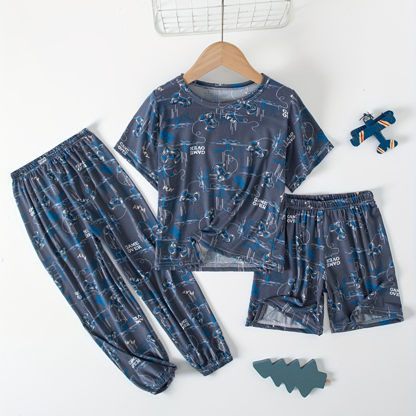 Image of 3pcs Spring Summer Boys' Pajama Set "game Over" Gaming Console Pattern Medium-large Boys Short Sleeve Shirt, Shorts And Long Pants Outfit Kids Pajamas Sleepwear Casual Breathable (flame Retardant)