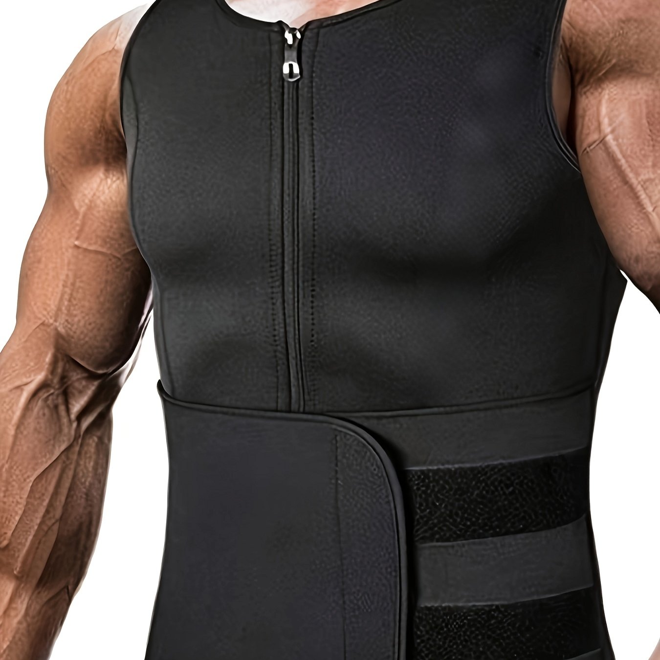 TEMU Men's Black Shaping Sports Vest, Crew Neck Bodycon Base Layer With Belt And Zipper Detail, Polyester Fiber, Suitable For