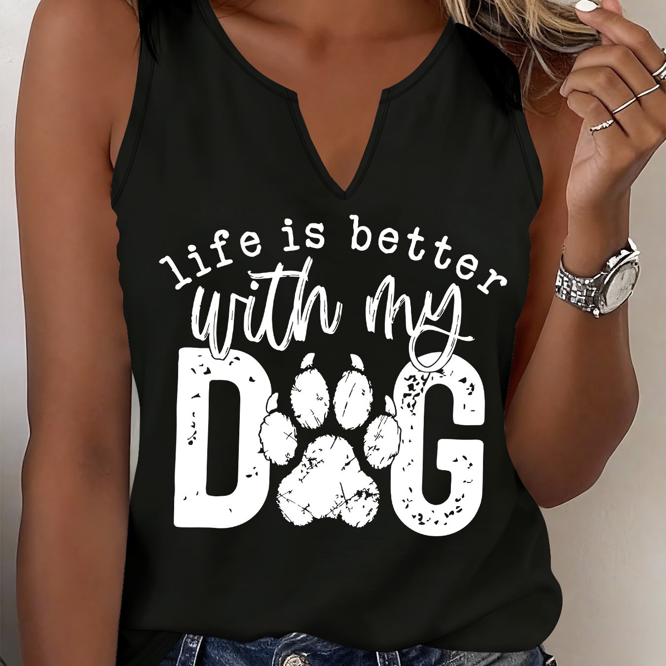 TEMU Women's Sleeveless V-neck Dog Print Tank Top - Breathable Summer Blouse Shirt With Vibe Neutral Outfit Base, Medium Stretch Casual Dog-themed