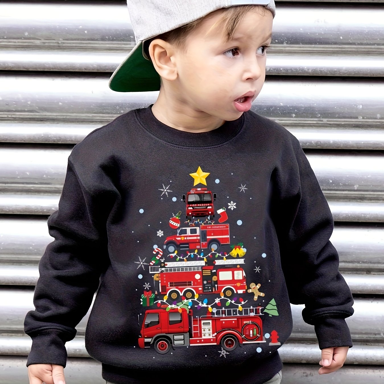Image of Cozy Boys' Fleece-lined Sweatshirt With Festive Fire Truck Christmas - Casual Long Sleeve Pullover For Autumn/winter, Polyester, Round Neck, Christmas Sweatshirt