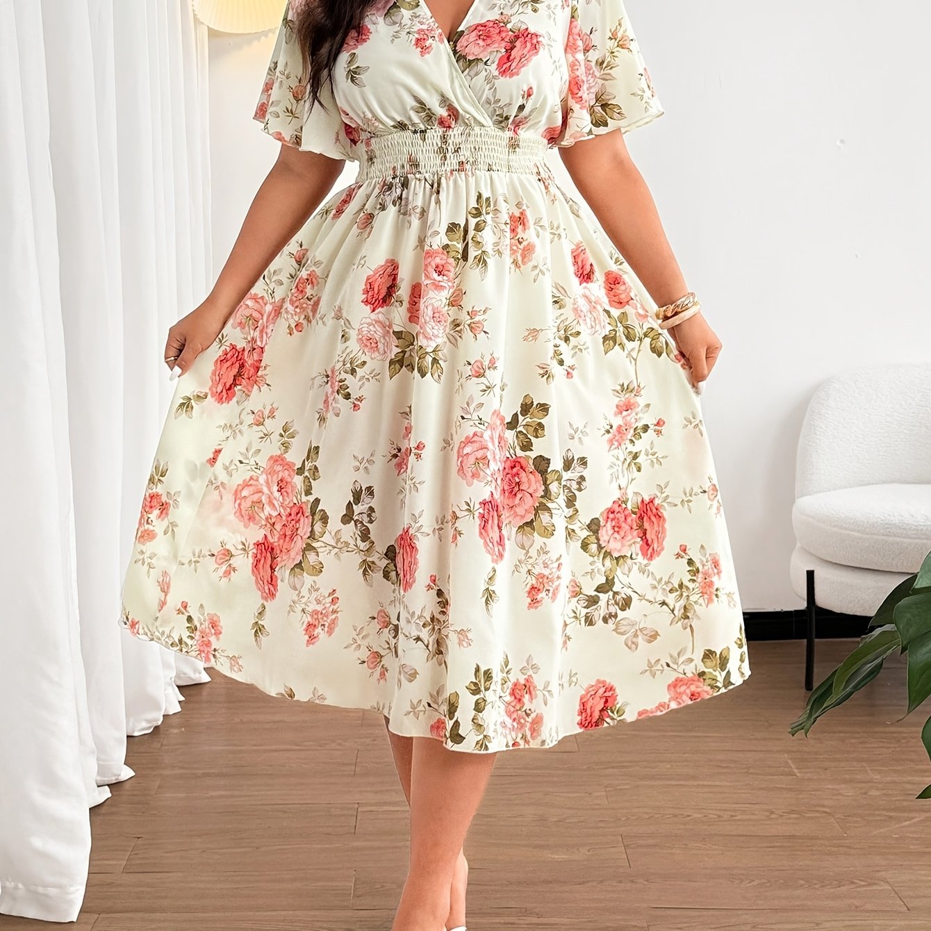 TEMU Plus Size - Summer Women's Plus Size Women's Summer Fashion Elegant Temperament Bohemian Floral Print Mid-length Short-sleeved V-neck Loose