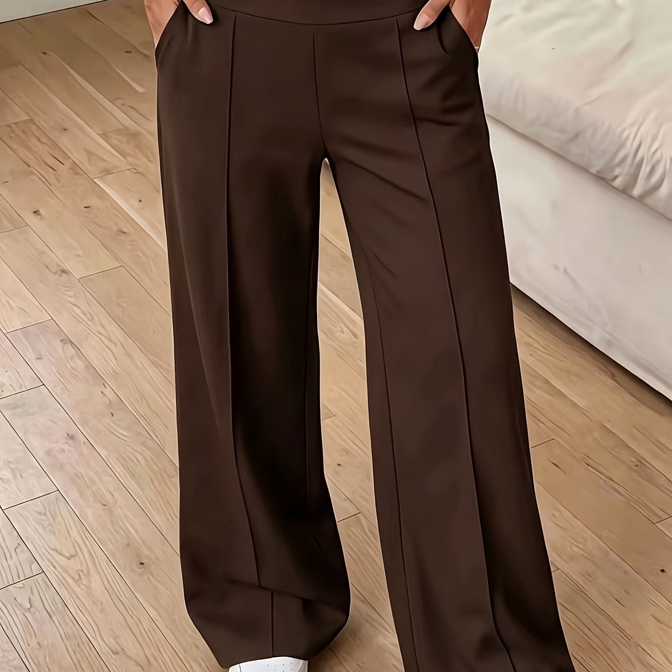 Image of Women's Lounge Wear Pants, Solid Color High Waisted Wide Leg Wear Trousers With Pockets