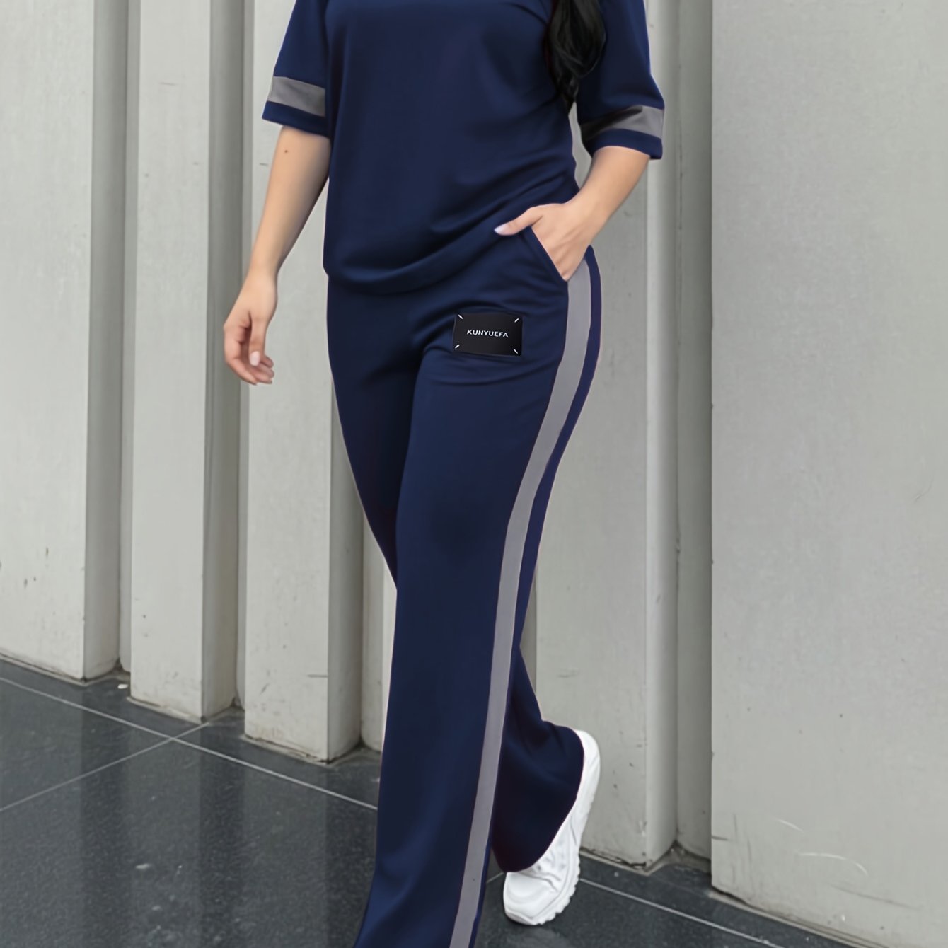 TEMU LLDX 2 pz, completo elegante composto da maglietta casual da donna a maniche corte con scollo , color patchwork, e pantaloni casual lunghi