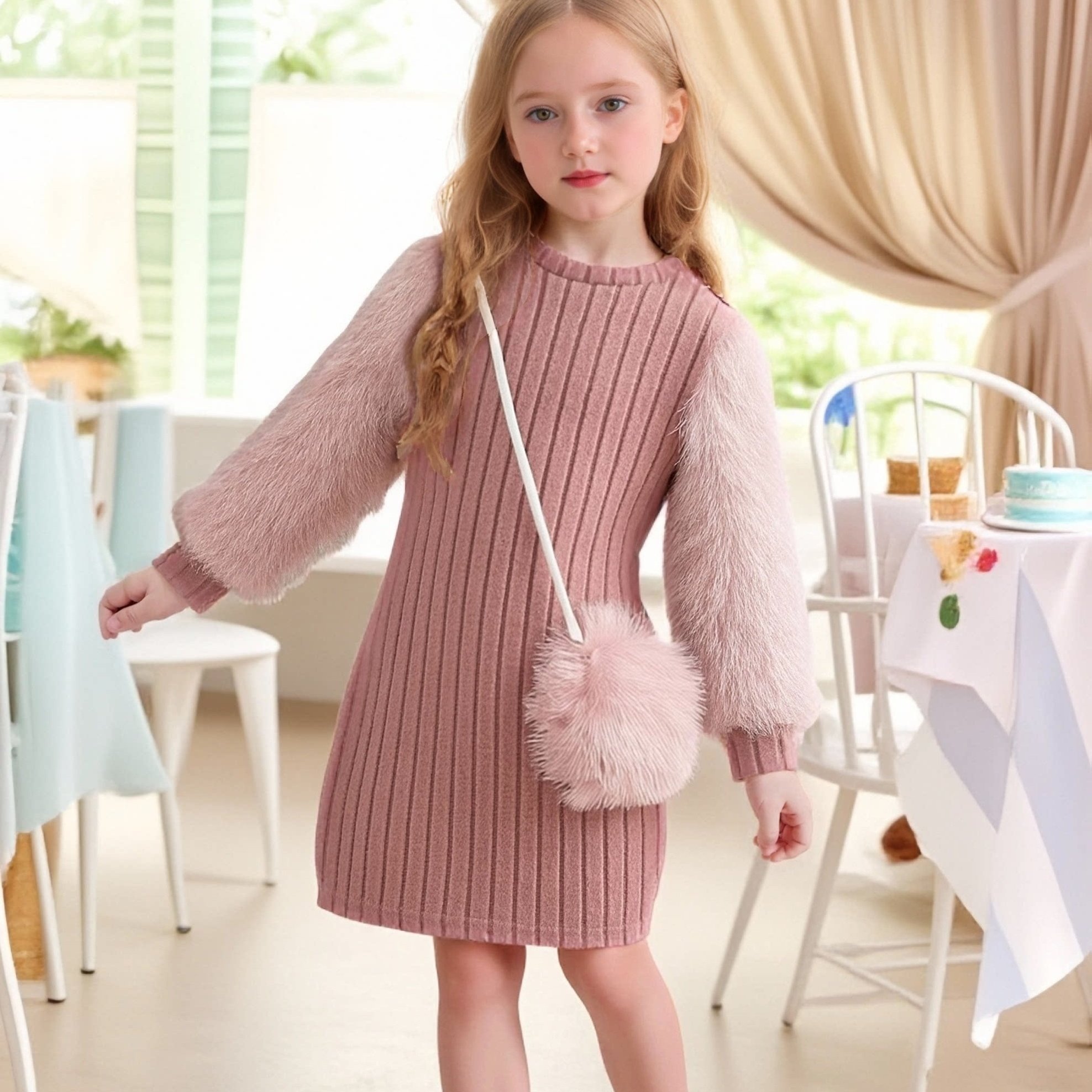 1pc Girls' Trendy Fluffy Dress With Cute Bag For Spring/autumn