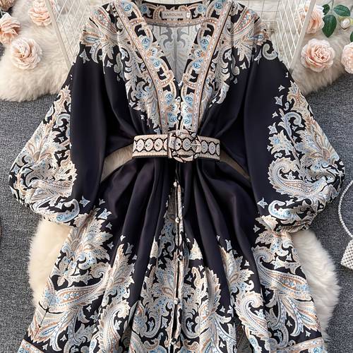 fashionable womens clothing neck long sleeved bohemian style lantern sleeve dress elegant womens clothing