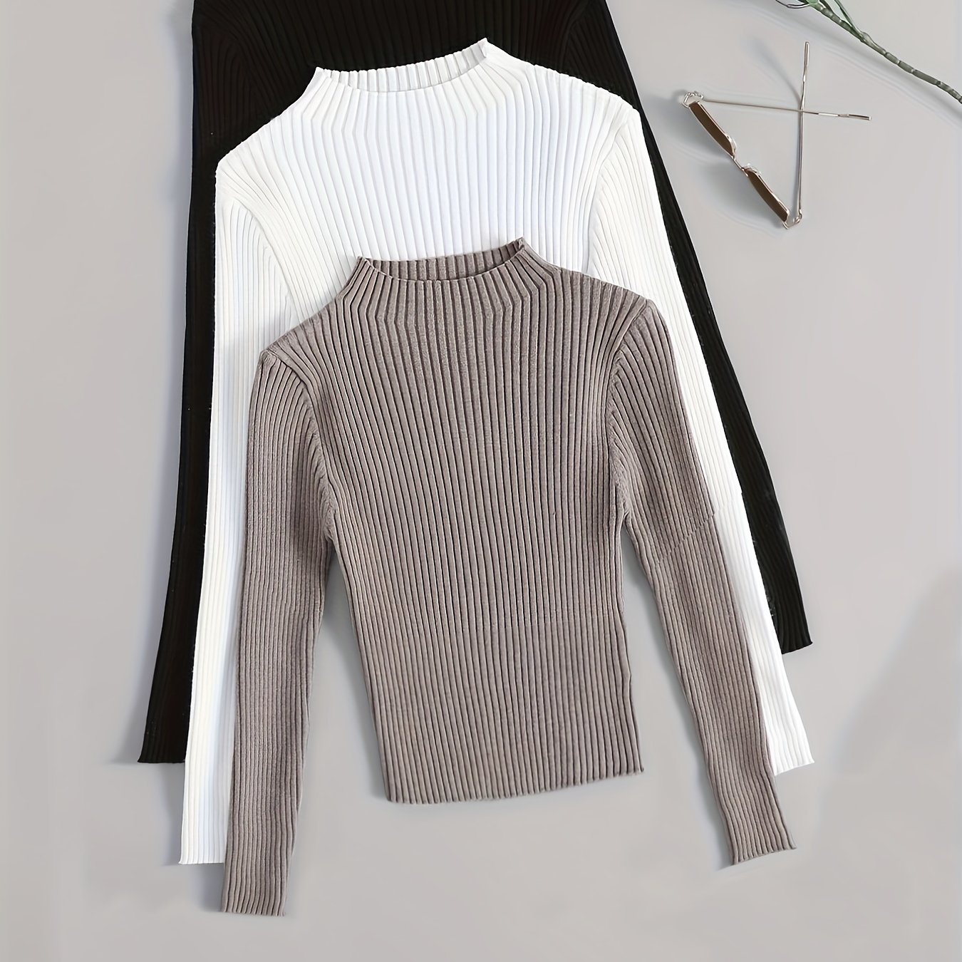 TEMU 3pcs Set Women's Stand Collar Ribbed Long Sleeve T-shirt, Slim Fit, Versatile Black Solid Color Top For Autumn/winter