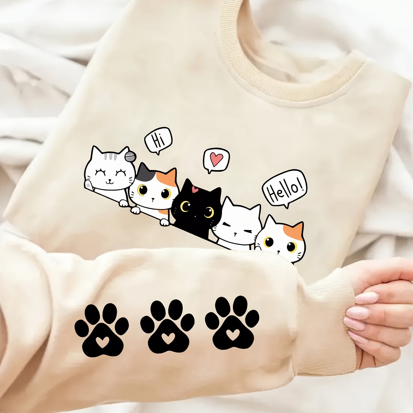 TEMU Casual Crew Neck Sweatshirt For Women - 100% Polyester Knit Fabric With Cute Cat Animal Print, Long Sleeve Pullover, Regular Length, Elegant