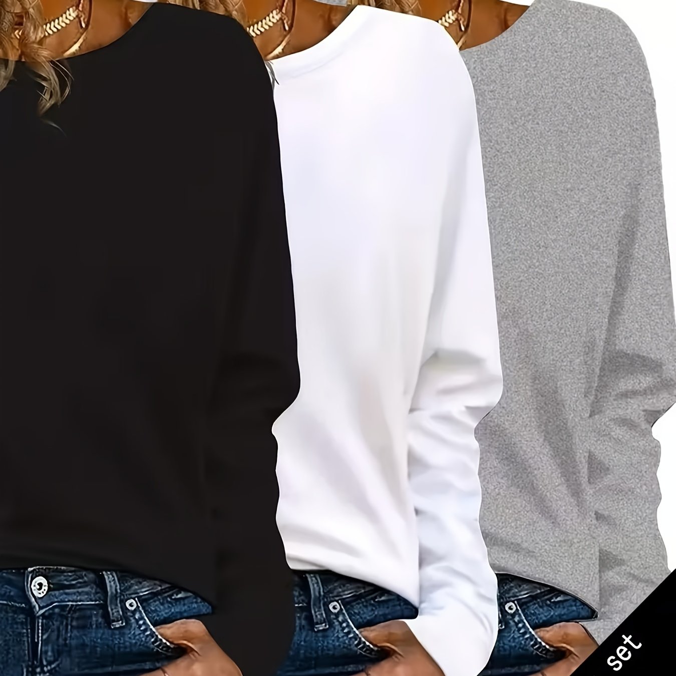 TEMU Y2k 3pcs Solid Color Long Sleeve T-shirt Top For Women, Casual Regular , Suitable For