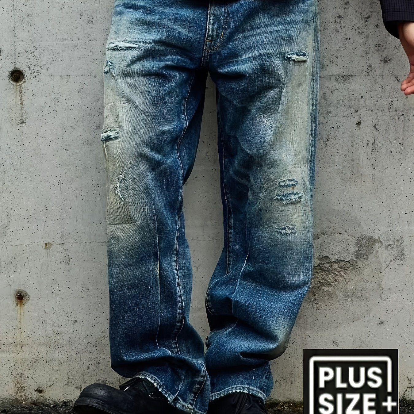 Image of Hme, Men's Plus-size Denim Long Pants, Vintage Washed Work Jeans, Non-stretch Straight-leg Pants, Street-style Ripped Casual Wear, Plus Size