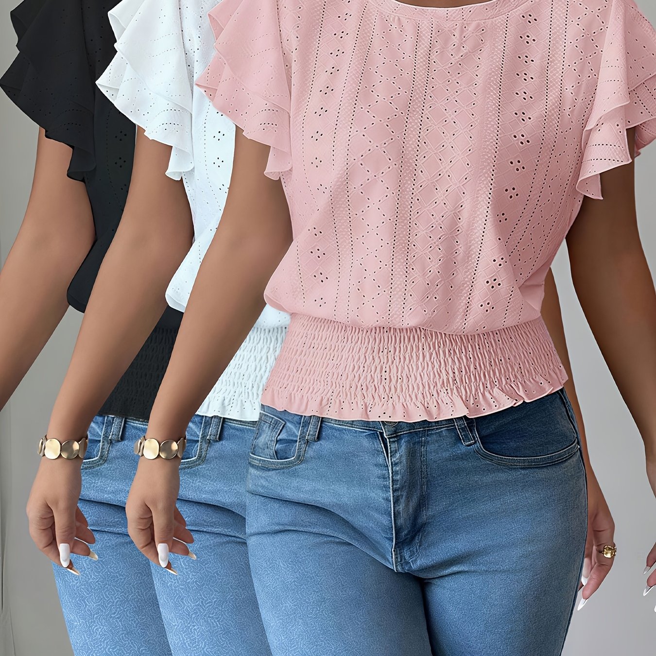 3pcs Women Mesh Embroidered Ribbed Hem Round Neck T-shirts