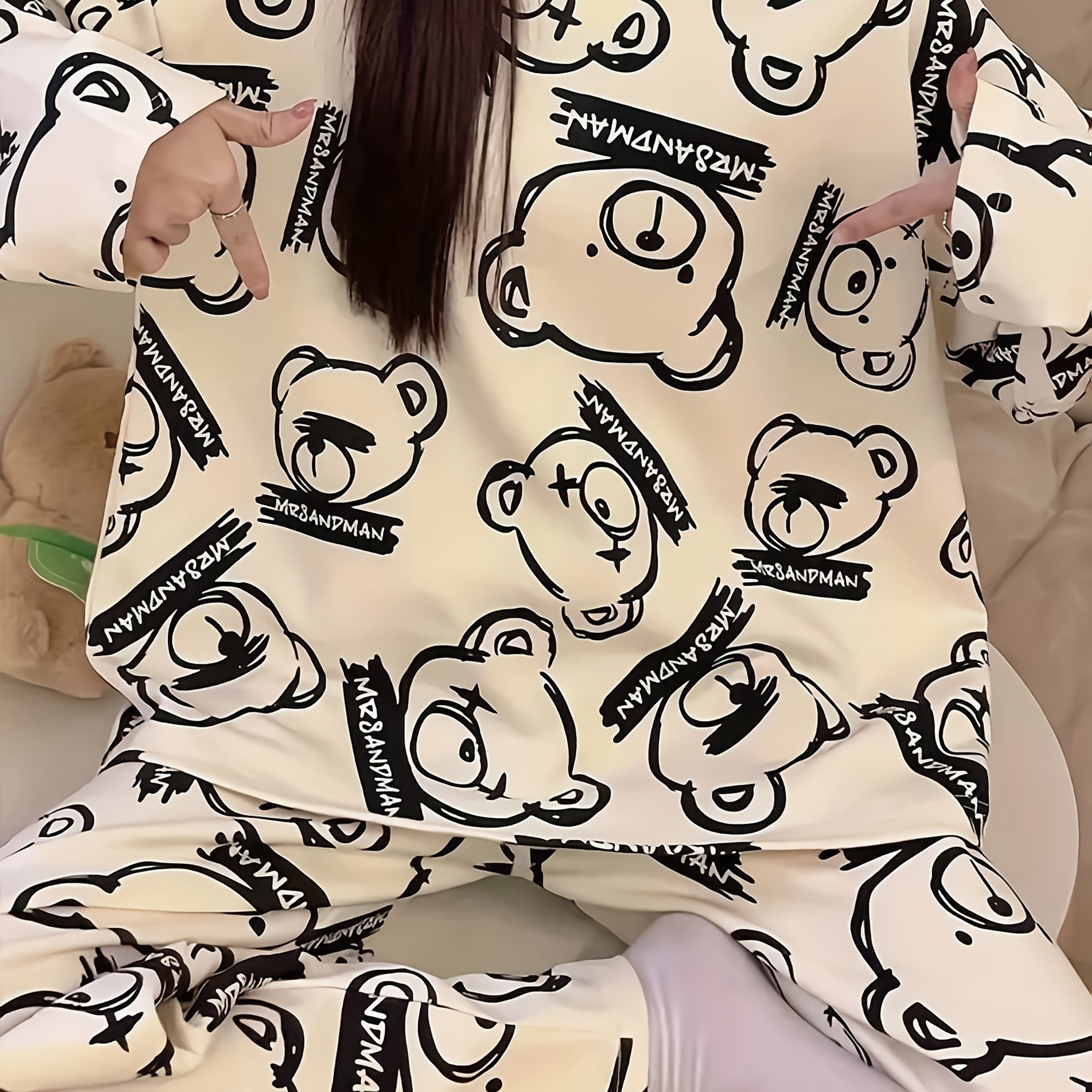 TEMU Syz Directional Development Women's Long Sleeve And Pants Cartoon Bear Head Cute Pajama Set