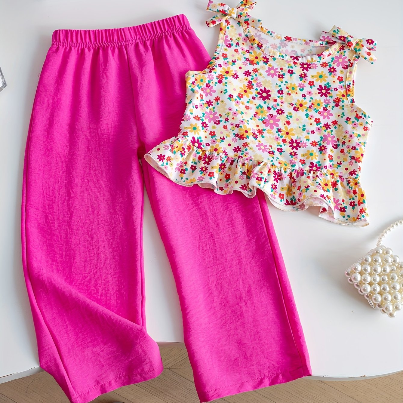 Image of Young Girl Floral Print Bow Vest Doll Shirt Top And Loose Casual Wide-leg Long Pants Set, Little Girl Summer Fashion Cute 2pcs Outfit, For Outdoor