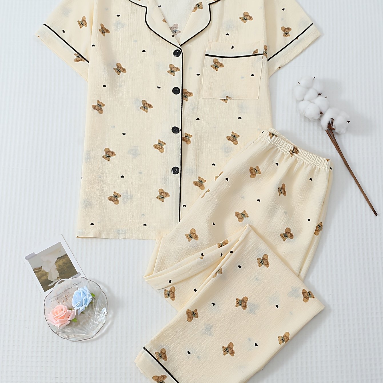 E-shop 2-teiliges Damen-Pyjama-Set mit Mini-Herz-Bär-Druck, Kontrastbesetztes Hemd mit Knopfleiste Hose mit elastischem Bund, Frühlings-/Sommer-Set,