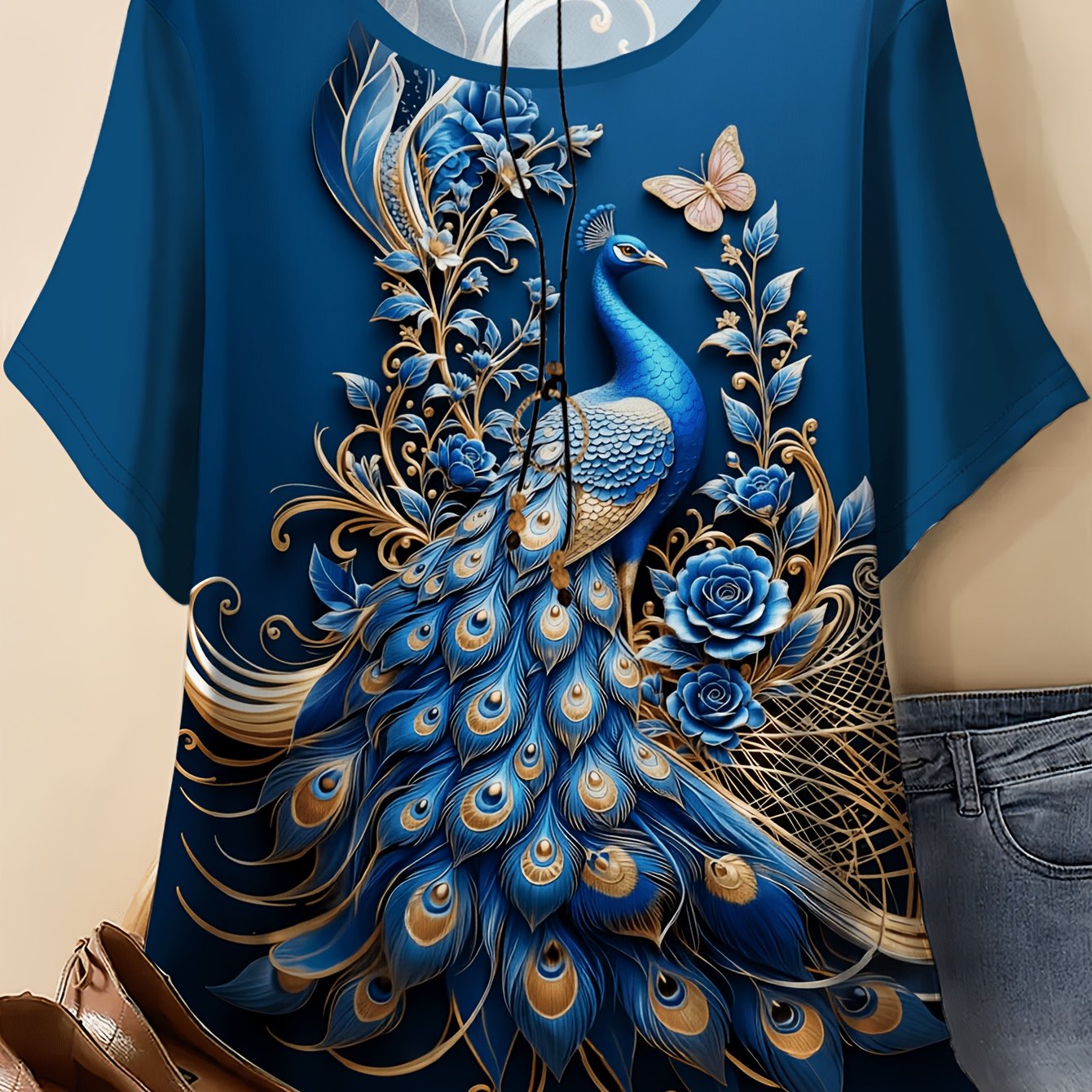 TEMU Plus Size, Plus Size - Women's Plus Size Round Neck Blue And Embellished With Flowers And Butterflies, Pop Art Design, Casual Top | Printed Top,