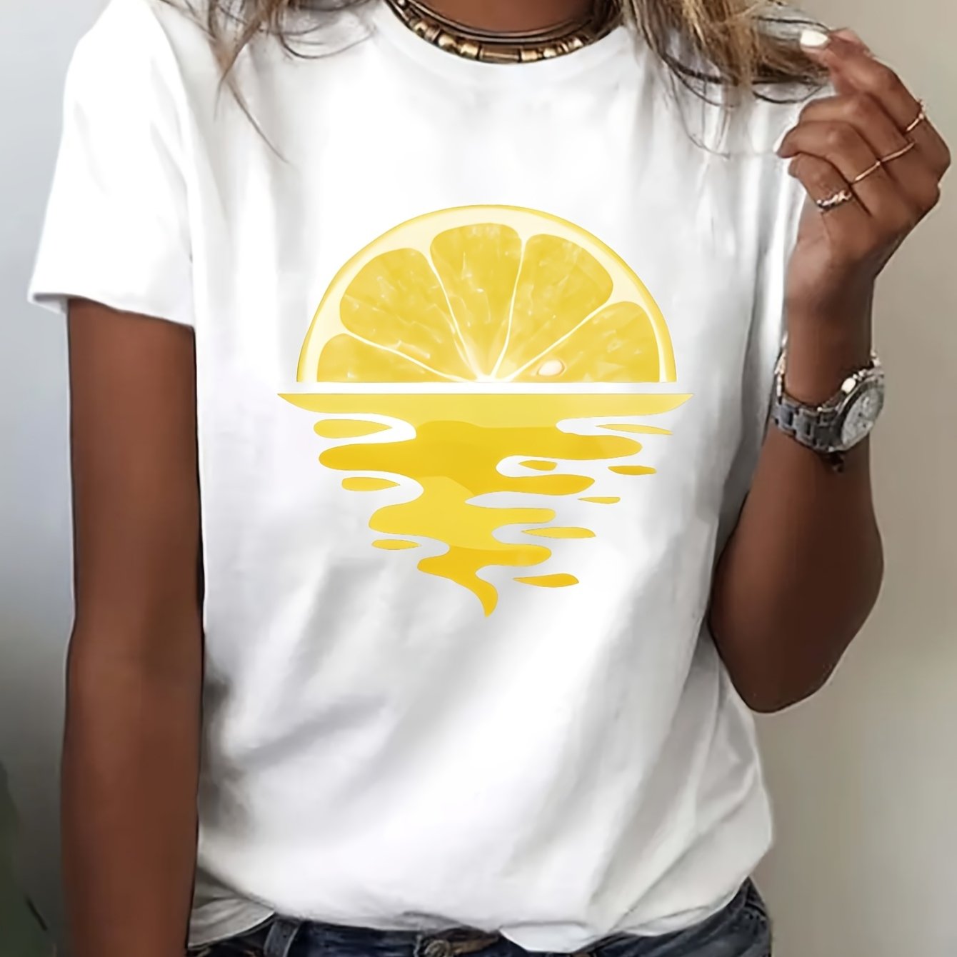 TEMU Women's Lemon Sunset Graphic Tee - Casual Short Sleeve Crew Neck Top, White With & Waves Design, Lightweight Polyester Blend For
