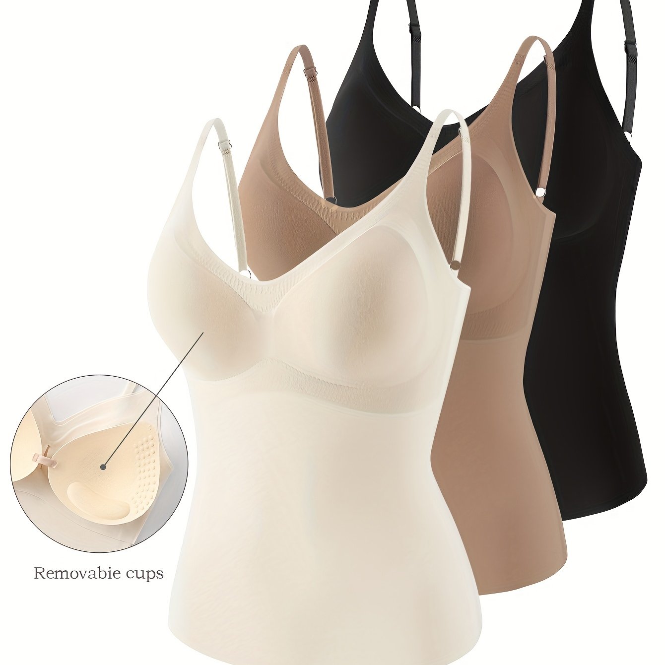 E-shop 3 Stück Damen Ärmellose Camisole-Westen mit Abnehmbaren BH-Einlagen – Keine Unterwäsche Nötig, Nahtlose Unterwäsche für Braless-Look, Uni-Farben