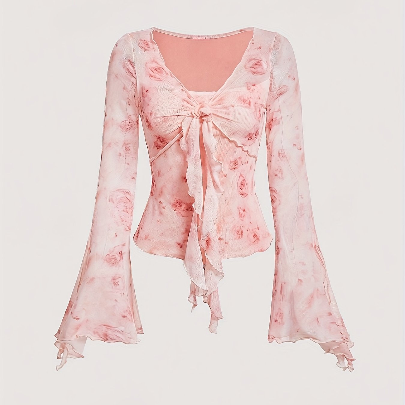 E-shop 4.26 Damen T-Shirt mit Blumenmuster, Glockenärmeln und Bindeknoten vorne