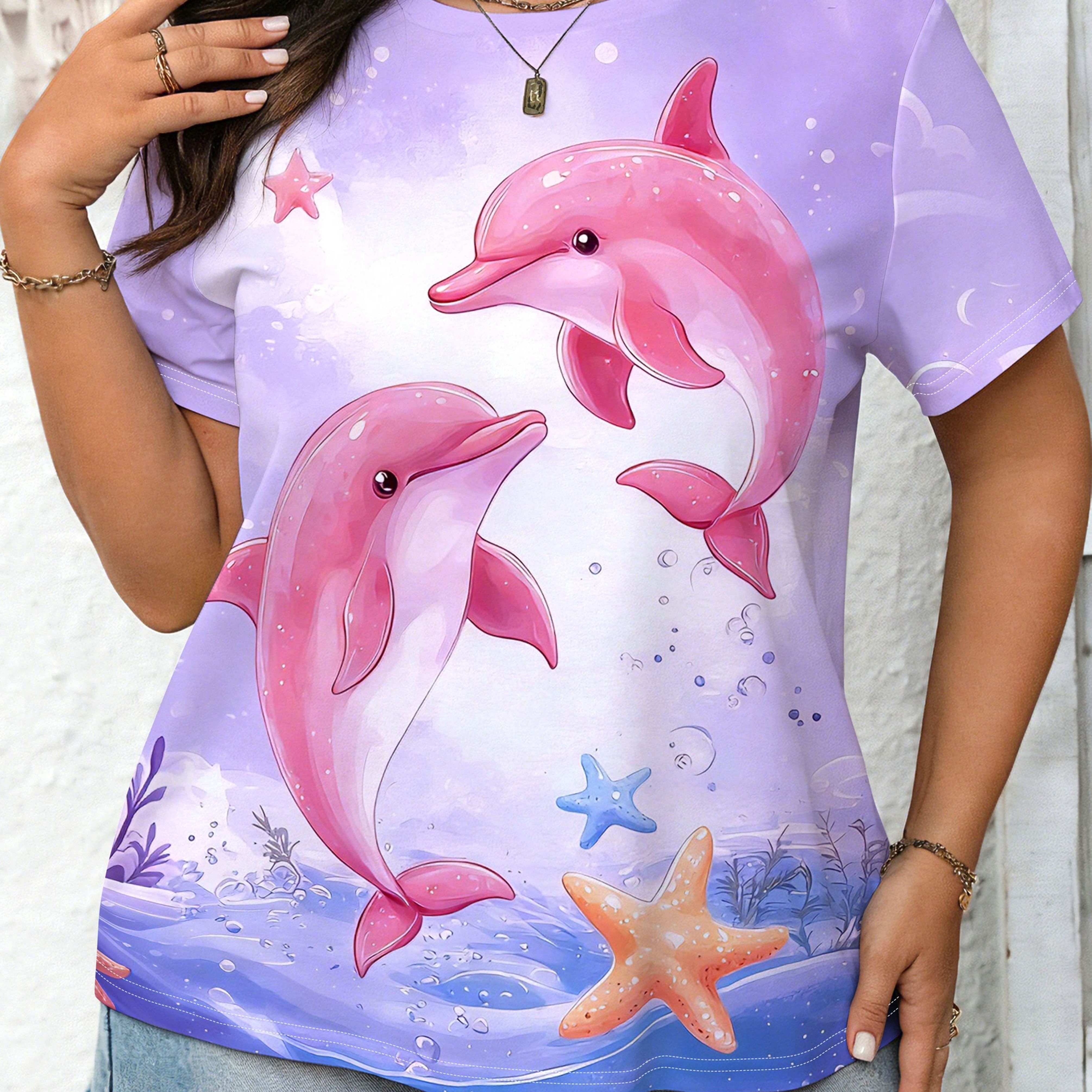 TEMU Women's T-shirt Dolphin Cute Companion Full Print Soft Round Neck Short Sleeve Fabric Soft Comfortable Machine Washable Top Suitable For Casual
