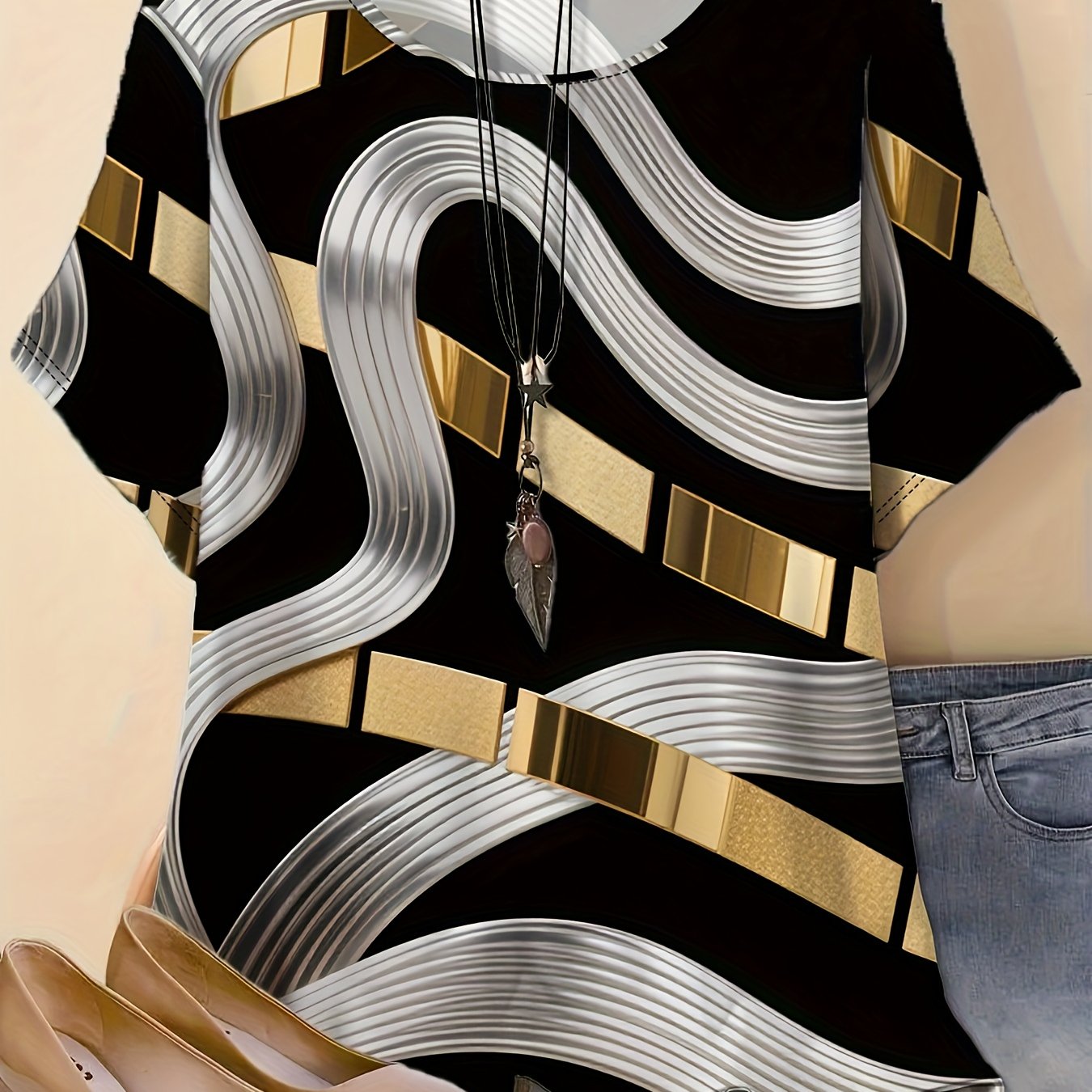 E-shop Plus Size - Plus Size - 2025 Neues Plus Size Damen Rundhals Stretch T-Shirt, Geometrischer Digitaldruck Stretch Rundhals Top, Bequeme und