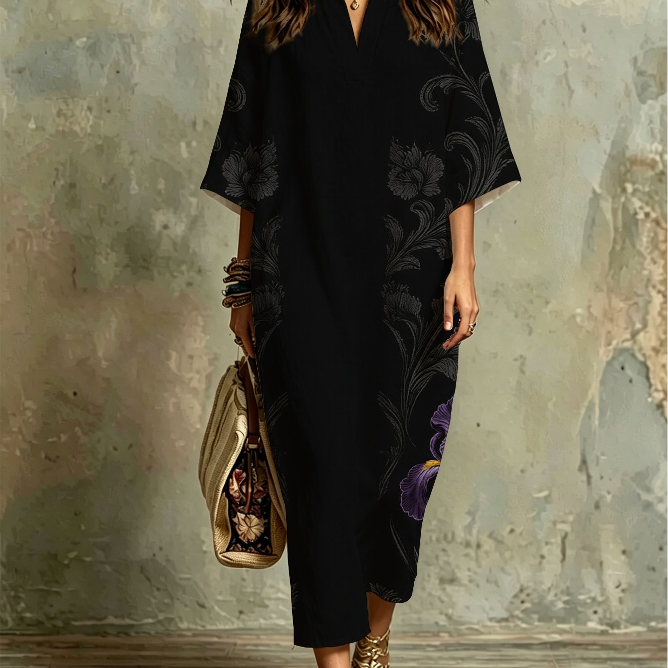 Image of Plus Size, Fashion Casual Kaftan Dress With Print And Black Damask Pattern, Comfortable, Lightweight, Loose Fit, Perfect For Beach Vacation, Evening Party And Daily Wear