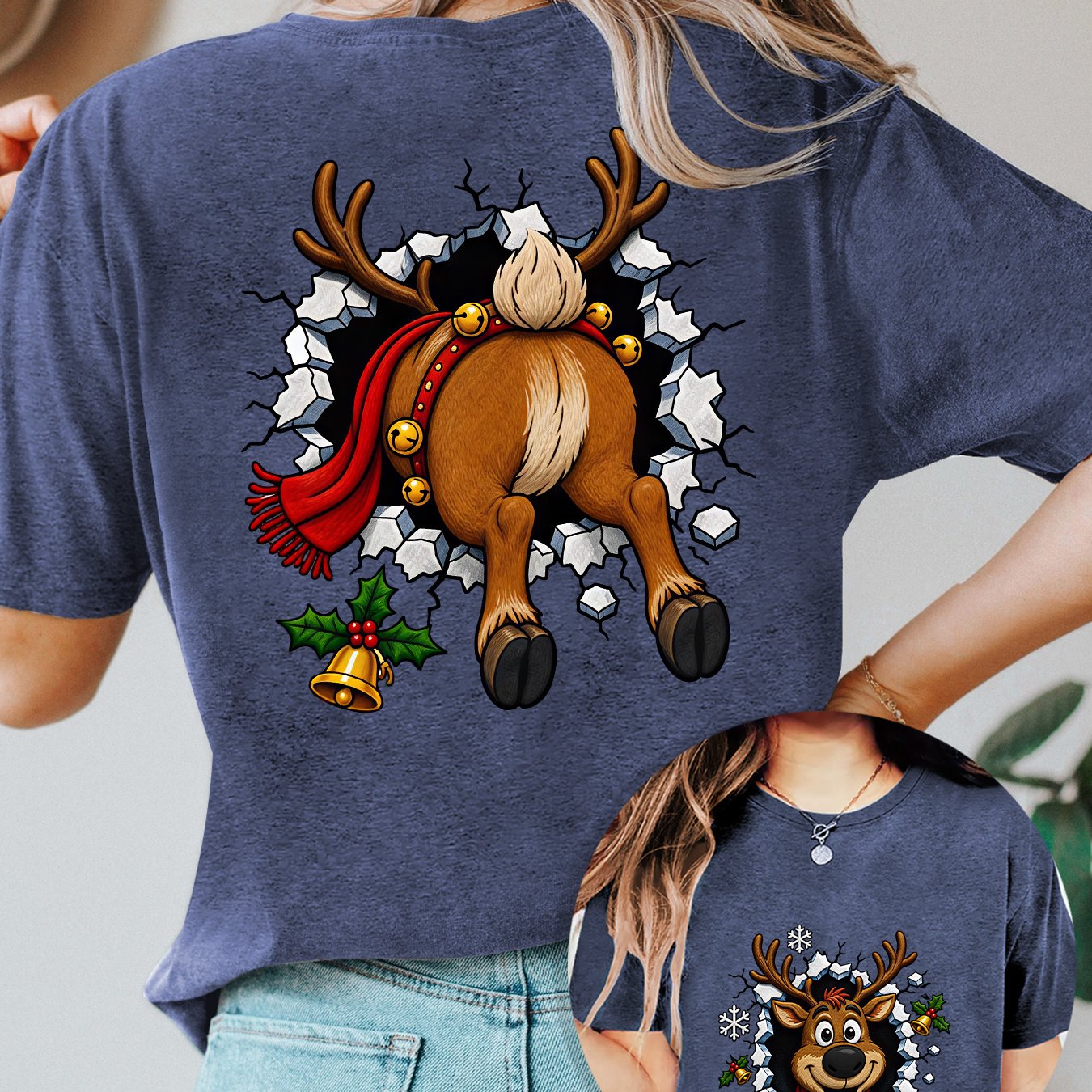 TEMU Women's Autumn Reindeer Print Reversible Crew Neck Short Sleeve T-shirt, Sporty Casual Lightweight Comfortable Soft Fashionable Festive Top,