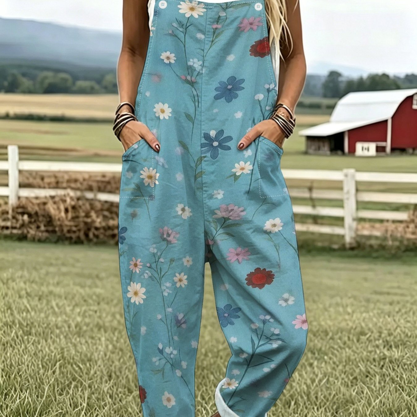 TEMU Light Lake Background, Watercolor Style, Multi-colored Daisy Floral Overalls, Multiple Pockets, Rollable Cuffs, Style, Casual Trousers.