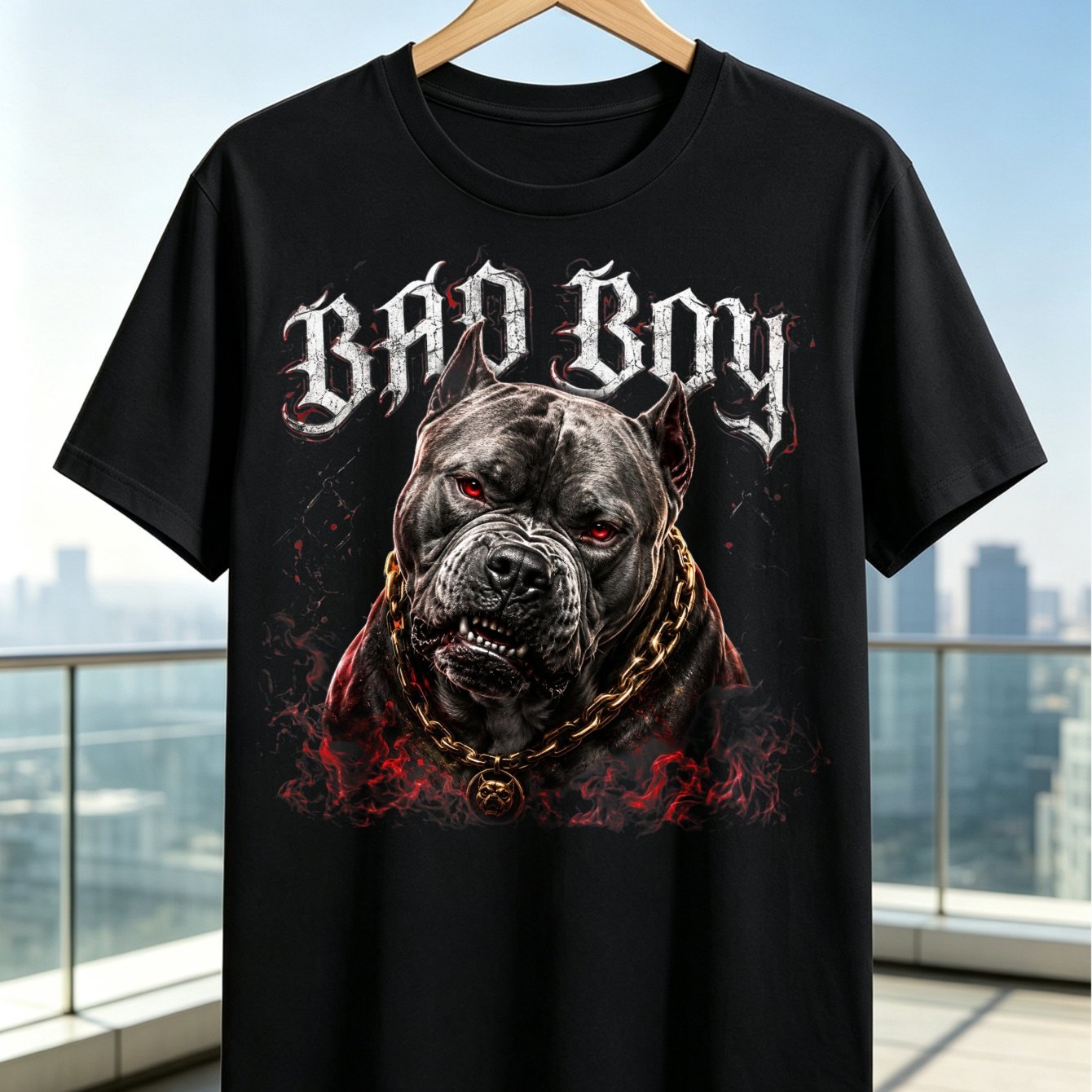Image of Bulldog Portrait Red Eyes Heavy Chain And Smoky Red Grunge Effects With Gothic Lettering T-shirt Unisex T-shirt