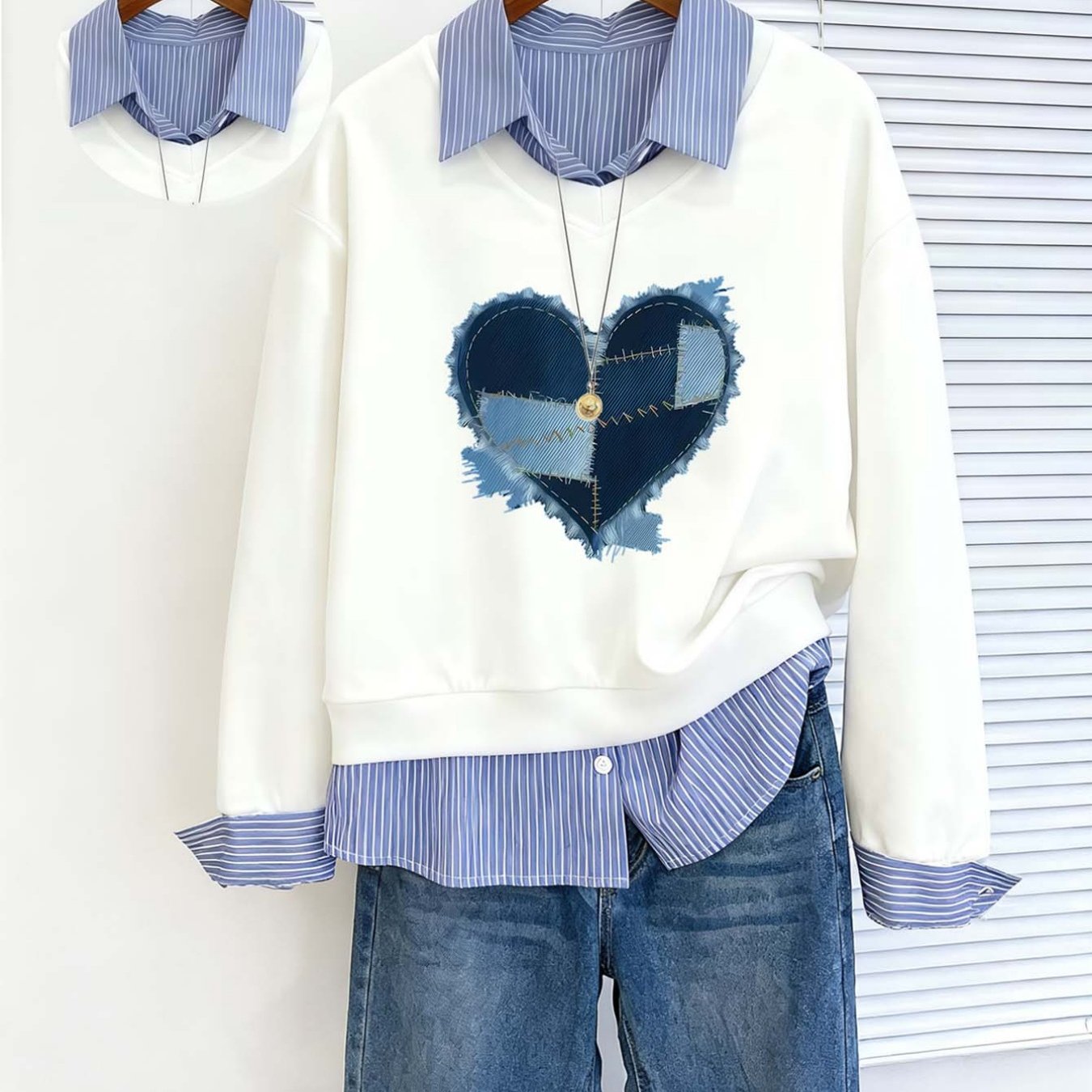 TEMU Sweat-shirt à col en V tendance avec imprimé cœur (Référence de chemise et sweat-shirt , pas pièces fausses, vente uniquement d'un sweat-shirt à
