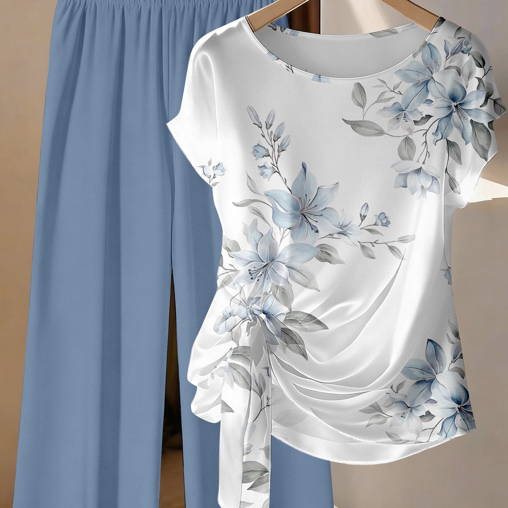 TEMU Elegant Women's 2pcs Set With Fashionable Printed Side-tie Top And Pants For Parties, Summer Fashion Style, Women's 2pcs Outfit, Office Work