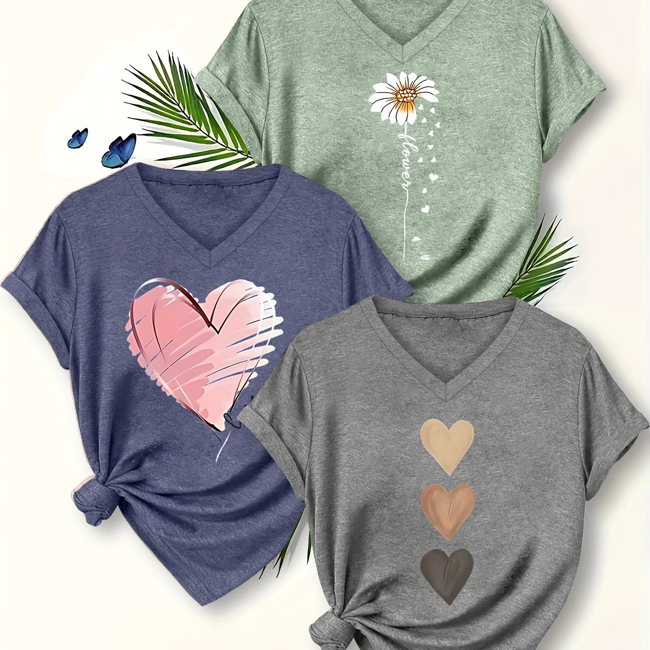 TEMU Plus Size - [versatile T-shirt 3pcs Set] Plus Size Women's Fashion Easy And Elegant Floral Top With Heart Pattern, Soft And Non-irritating