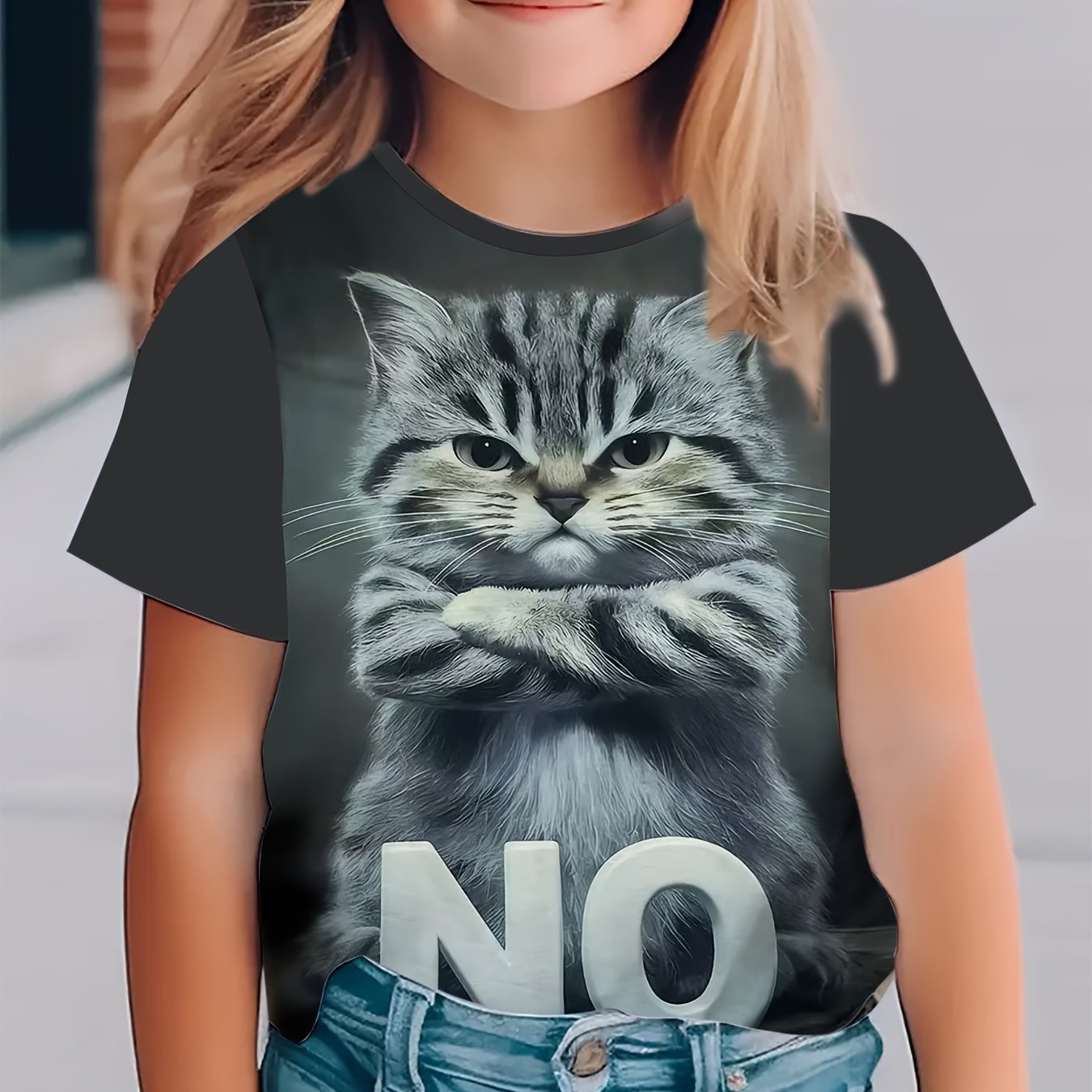 E-shop Mädchen 3D Katzenkopf-Druck T-Shirt – Atmungsaktives, lockeres Sommer-Oberteil mit Kätzchenohren & Pfoten, Spielkleidung Casual Rundhals-Shirt