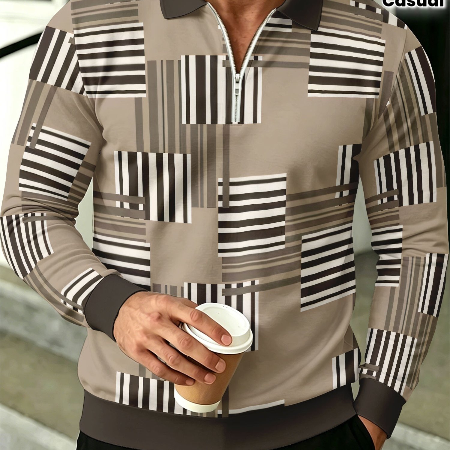 Image of New Arrival Men's Half Zip Long Sleeve Shirt Outdoor Outfit Khaki Base Geometric Stripe Color Contrast Print Top Daily Casual Men Long Sleeve , Plus Size