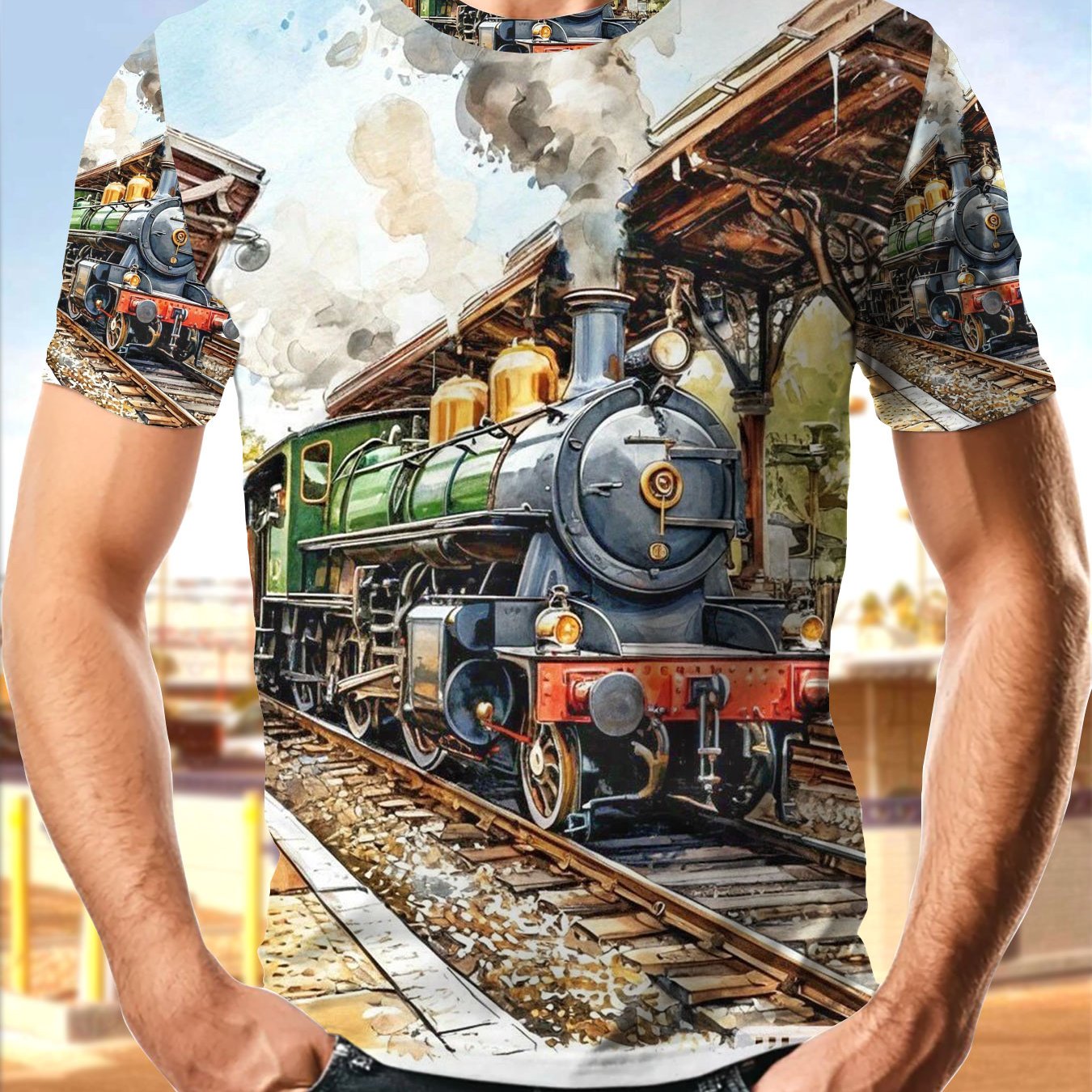 TEMU Men's Vintage Steam Train T-shirt - Retro Railway & Station Watercolor Print Short Sleeve Tee, Breathable Polyester Round Neck Casual Top