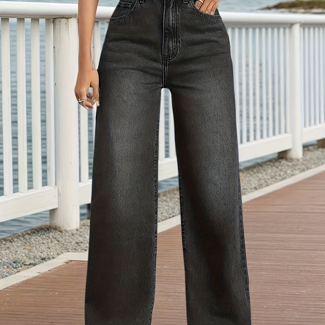 Image of Wash Straight Leg Pants - Washed Mid-stretch Jeans, Machine-washable Streetwear Style For - Wear, Casual & Dressy Outfits ()